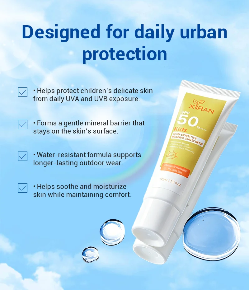 Tube of SPF 50 kids mineral sunscreen with water-resistant and soothing properties on a blue sky background.